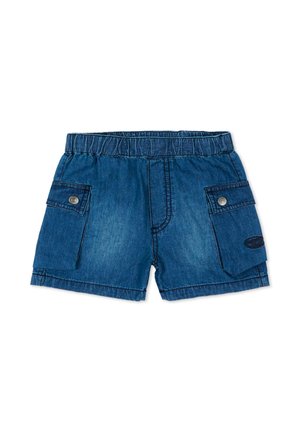 Shorts pour enfants en denim bleu avec taille élastique, deux poches à rabat avec boutons et surpiqûres décoratives.