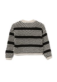 Schwarzer und cremefarbener gestrickter Pullover mit strukturiertem Punktenmuster und horizontalen Streifen. Kurz geschnittenes Design mit langen Ärmeln und rundem Halsausschnitt.