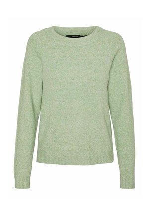 Lichtgroene gebreide trui met een ronde halslijn, lange mouwen en ribbels aan de manchetten. Zachte textuur met een subtiel gemêleerd patroon.