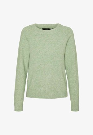 Heledad roheline kudumipusa, ümarate kaelustega, pikkade varrukatega ja soonikkoes mansettidega. Pehme tekstuur koos peene heledate ja tumedate toonide mustriga.