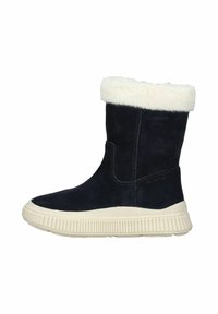 Botas de tobillo de ante azul marino con un suave cuello de pelo sintético crema y una suela de goma texturizada beige. Presenta una silueta elegante y detalles de costura.