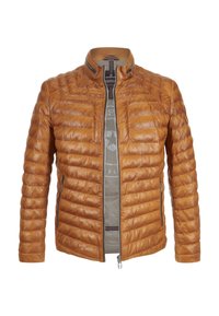 Kinnlederjacke mit gestepptem Design, hohem Kragen, Reißverschluss und zwei seitlichen Taschen. Das Innenfutter ist mit einem kontrastierenden grauen Stoff versehen.
