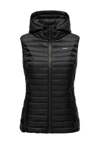 Czarna ocieplana kamizelka z kapturem, ozdobiona pikowanym wzorem, z przednim zamkiem błyskawicznym i dwoma bocznymi kieszeniami. Gładka tkanina z metalicznymi akcentami.