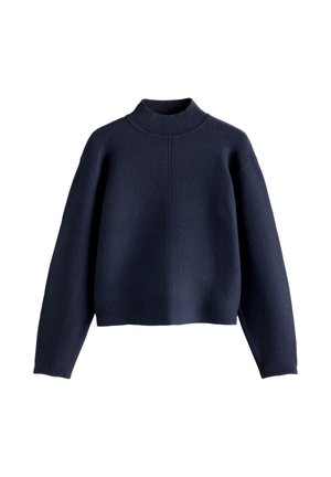 Maglione blu navy lavorato a maglia con maniche lunghe, colletto alto a coste e vestibilità boxy leggermente corta.