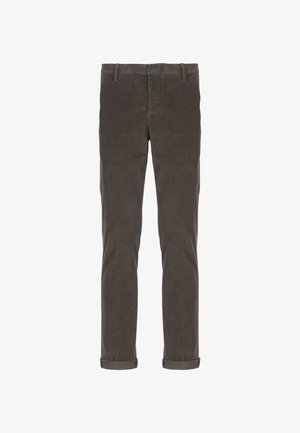Pantaloni in velluto a coste grigio scuro con passanti per cintura, zip frontale e risvolti sulle caviglie, mostrati stesi su uno sfondo bianco.