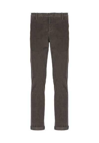 Pantaloni in velluto a coste grigio scuro con passanti per cintura, zip frontale e risvolti sulle caviglie, mostrati stesi su uno sfondo bianco.