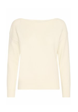 Pull en tricot couleur crème avec un col bateau, des manches longues et des poignets côtelés. Texture lisse, coupe décontractée, sans motifs ni embellissements.