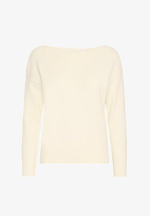 Pull en tricot couleur crème avec un col bateau, des manches longues et des poignets côtelés. Texture lisse, coupe décontractée, sans motifs ni embellissements.