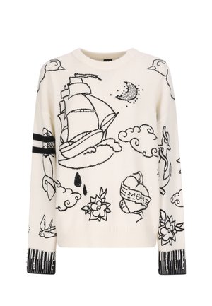 Hvid sweater med sorte broderede maritime og blomsterdesigns, rund halsudskæring og sorte og hvide stribede manchetter med perleaccent.