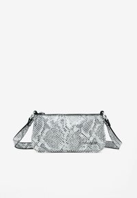 Silver and black snake-print crossbody bag with a zip closure, featuring a detachable strap, textured surface, and sleek rectangular shape.
