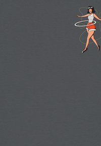 Illustratie van een vrouwelijke personage in een gestreept shirt en rode shorts, die hula-hoopt tegen een donkergrijze achtergrond met neonaccenten.