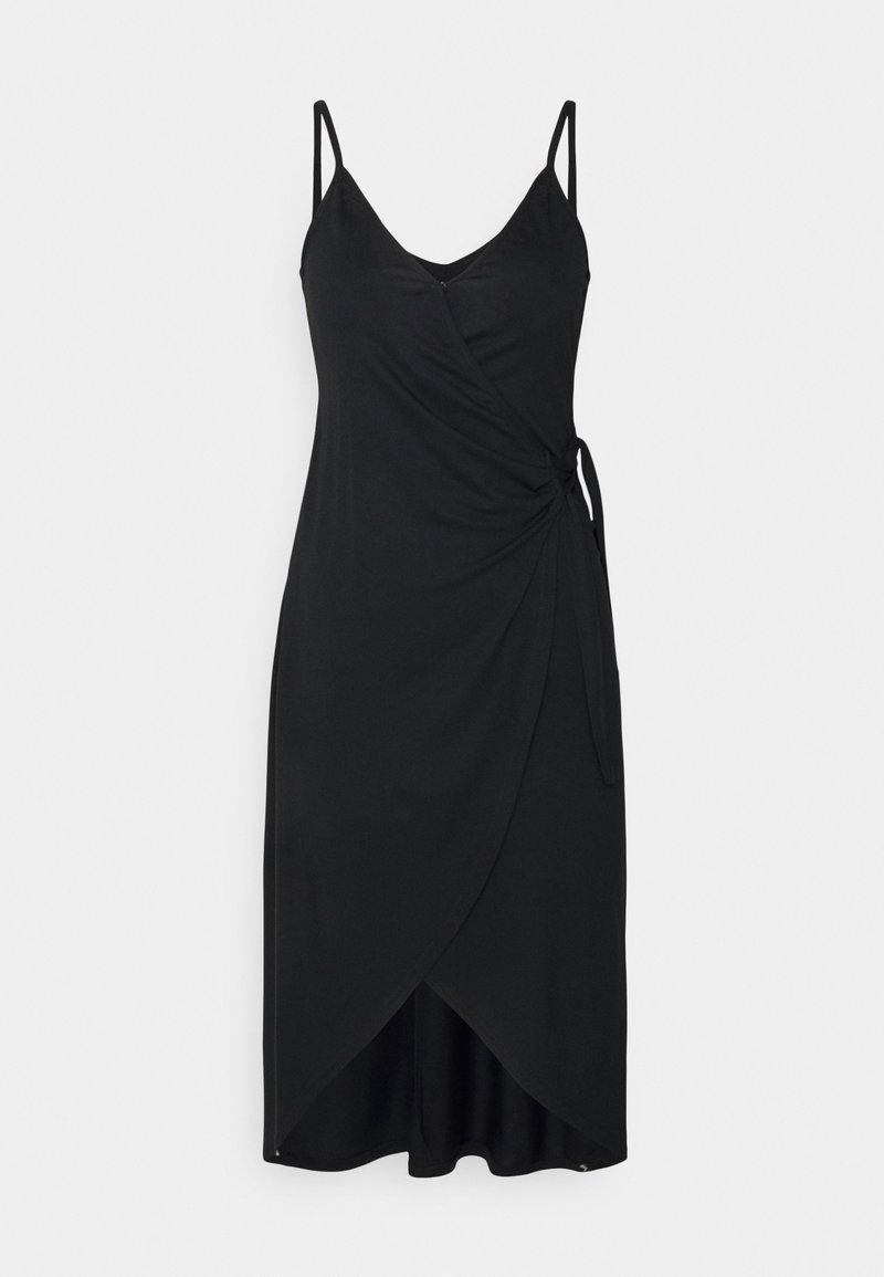 Robe portefeuille noire sans manches avec fines bretelles, encolure en V, lien latéral et ourlet asymétrique superposé.
