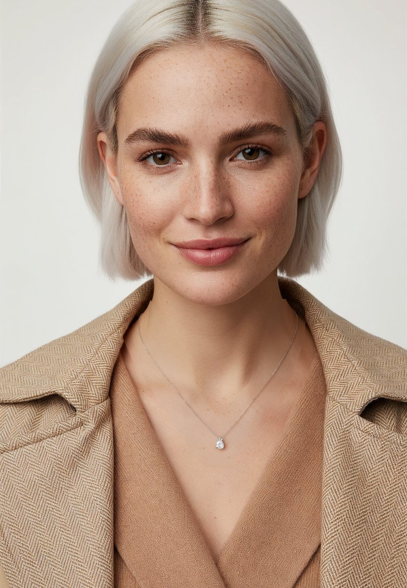 Sølvkæde med dråbeformet vedhæng, båret med en beige tekstureret blazer og top, med en blød, neutral farvepalet.