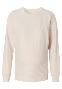 Ljust beige pullover-tröja, tillverkad av mjukt tyg, med raglanärmar och ribbade manschetter. Minimalistisk design utan mönster eller accenter.