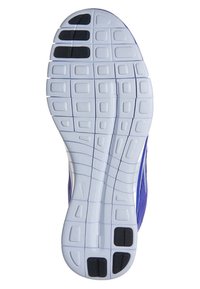 Semelle de chaussure de sport violette avec une surface en caoutchouc blanc texturé. Plaques de traction noires notables et un design flexible et patronné pour une meilleure adhérence.