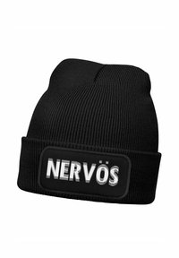 Black knit beanie featuring a fold-over cuff and a rectangular patch with the text "NERVÖS" in white, stylized font on foreground.