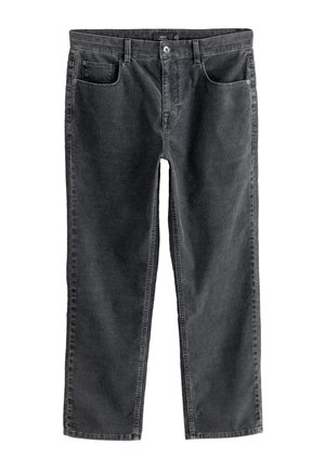 Sötétszürke farmernadrág pamutkeverék anyagból, klasszikus ötpzsebes kialakítással, övbujtatókkal és egyenes szárú fazonnal.