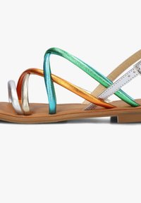 Strappy sandals featuring metallic silver, green, orange, and blue straps, with a light brown sole and a white accent. Flat design.