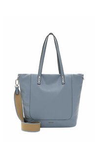 Grand sac fourre-tout en cuir bleu clair avec deux poignées, une sangle amovible, des finitions en métal argenté et une surface lisse et texturée.