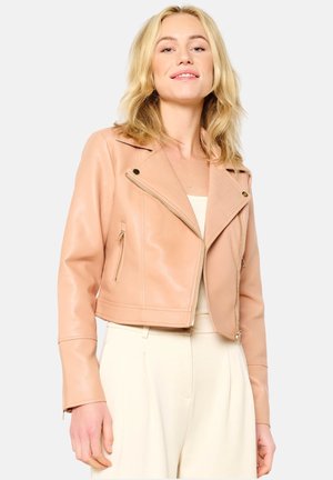 Cropped pink leather jacket with diagonal zip closure, two zip pockets, and quilted shoulder detailing. Smooth texture with golden accents.