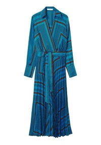 Vestido de manga larga en turquesa con rayas geométricas marrones, que presenta un cuello de chal, un diseño envolvente y un cinturón a juego para ceñir la cintura.