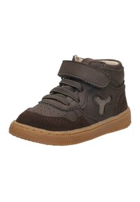 Donkerbruine, mid-top sneaker van leer en suede, met geperforeerde details, elastische veters en een klittenbandsluiting. Rubber buitenzool.