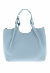 Borsa tote in pelle blu chiaro con superficie testurizzata, parte superiore arrotondata e manici doppi. Nessun hardware o motivo visibile.