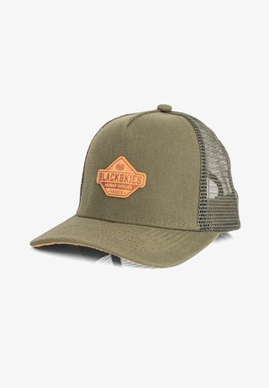 Green cap with a mesh back, featuring an orange diamond-shaped patch that reads "BLACKSKIES PREMIUM SUPPLIES MMIX." Flat brim design.