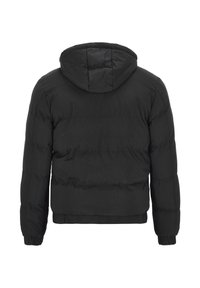 Sort polstret jakke med hætte, elastiske manchetter og quiltet design. Stoffet har en mat tekstur og en kort silhuet.