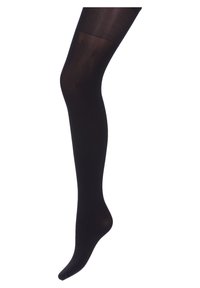 Collant neri opachi con una texture liscia, caratterizzati da una vita alta e una vestibilità aderente, che si estendono dal piede alla coscia. Nessun motivo o dettaglio visibile.