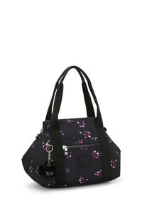 Czarna torba w kwiatowy wzór z materiału syntetycznego, z dwoma krótkimi uchwytami, przednią kieszenią na zamek oraz dołączonym czarnym zawieszką w kształcie goryla.