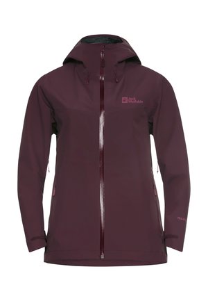 Bordeauxrote wasserdichte Jacke mit Kapuze, vorderem Reißverschluss und Reißverschlusstaschen. Verfügt über ein Logo auf der linken Brust und strukturierte Textilmaterialien.