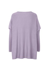 Maglione lavorato a maglia lilla con una vestibilità rilassata, spalle scese e polsini a coste. Tessuto liscio e design con schiena aperta.