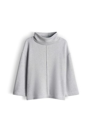 Pull col roulé surdimensionné gris clair avec une texture lisse, épaules tombantes et un détail de couture central. Tissu doux avec une coupe décontractée.