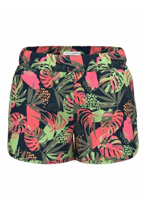 Shorts de bain avec un fond bleu marine présentant de vives motifs de feuilles tropicales dans des nuances de rose, vert et orange. Conception avec taille élastique.