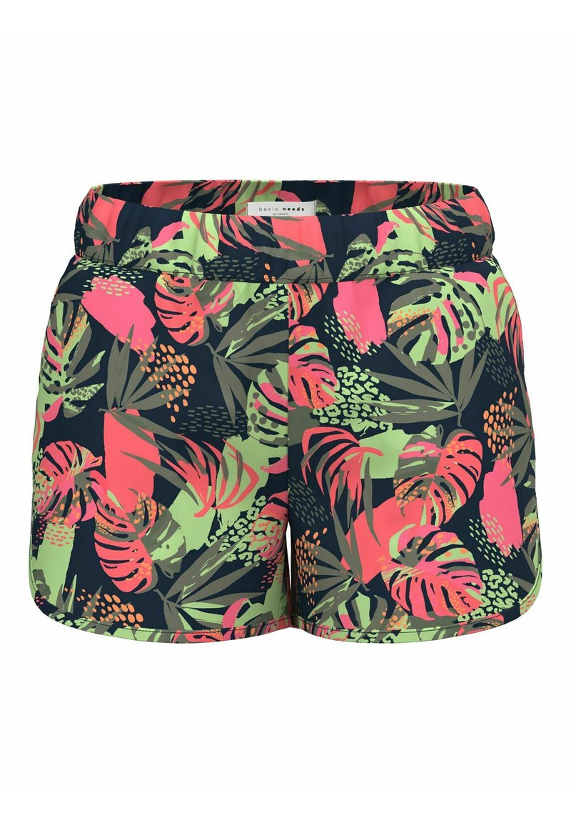 Kąpielówki z granatowym tłem, ozdobione żywymi wzorami tropikalnych liści w odcieniach różu, zieleni i pomarańczy. Elastyczny pas.