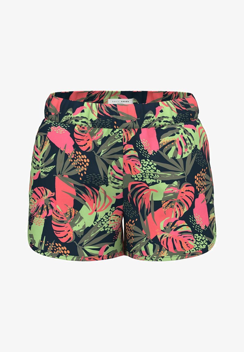 Kąpielówki z granatowym tłem, ozdobione żywymi wzorami tropikalnych liści w odcieniach różu, zieleni i pomarańczy. Elastyczny pas.