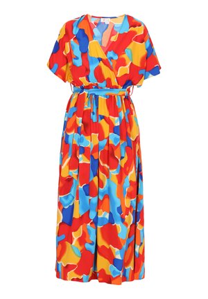 Multicolore wikkeljurk met een gedurfde print in rood, blauw, geel en oranje, met korte mouwen en een geraffineerde taille. Soepele stof.