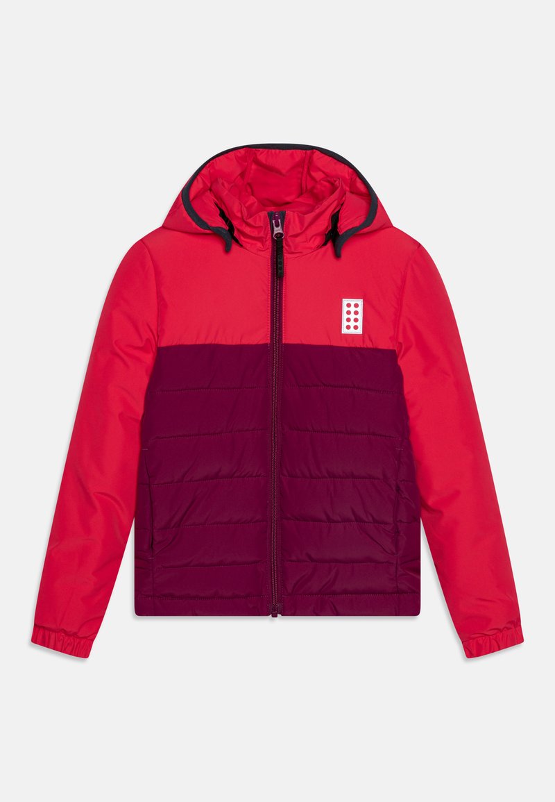 Red and maroon insulated jacket with a hood, featuring a zip front, elastic cuffs, and a small logo on the upper left chest.