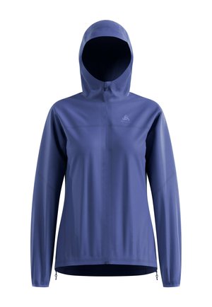 Purple lightweight jacket with a fitted hood, full front zipper, long sleeves, and drawstring at the hem. Smooth, water-resistant fabric.