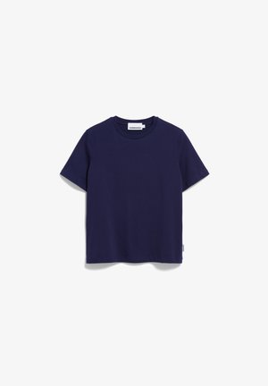 T-shirt à manches courtes bleu marine, en coton doux. Doté d'un col rond et d'une étiquette sur le côté. Design simple et décontracté.