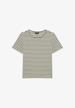 Oliwkowa i biała w paski koszulka z krótkim rękawem, z okrągłym dekoltem i miękkim, lekkim materiałem.