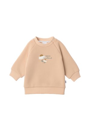Beige long-sleeve toddler sweatshirt with ribbed cuffs and hem, featuring two simple flowers and text reading "Endlich Schulkind" on the front.