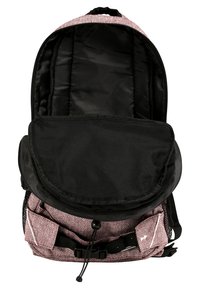 Zaino rosa e bianco con motivo a spina di pesce, con interno nero, spallacci regolabili e chiusura con pattina superiore. Presenta tasche esterne.