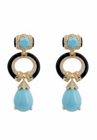 Los pendientes dorados presentan acentos en turquesa, un diseño circular negro y adornos de rhinestones claros, con un colgante en forma de gota.