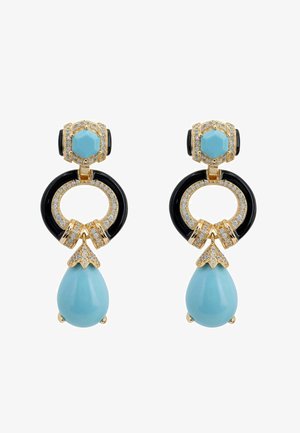 Ohrringe in Goldoptik mit türkisfarbenen Akzenten, schwarzem kreisförmigem Design und klaren Strassverzierungen sowie einem tropfenförmigen Anhänger.