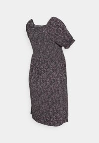 Vestido preto com estampa floral, com decote quadrado, mangas curtas bufantes e corpete franzido. Apresenta uma saia fluida com uma leve evasê.