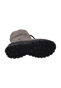 Beige geïsoleerde laars met een rubberen zool, voorzien van een gestructureerde zwarte buitenzool voor grip en een gerimpelde bovenrand voor een snug fit.
