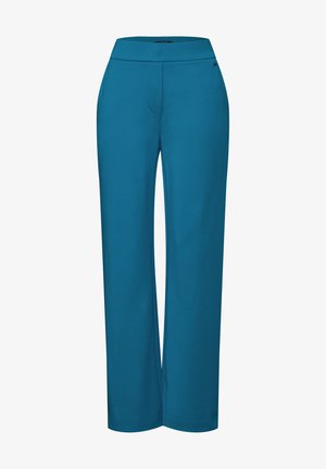 Pantalons larges teal en matériau doux avec une texture lisse. Dotés d'une taille élastique et sans fermetures ni embellissements visibles.