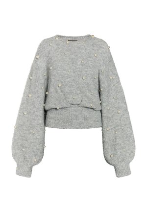 Gray cropped sweater made of soft material, featuring textured fabric and puffed sleeves adorned with small white pearl accents.